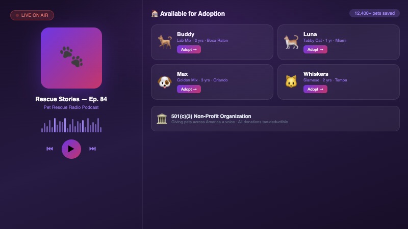 Pet Rescue Radio website screenshot
